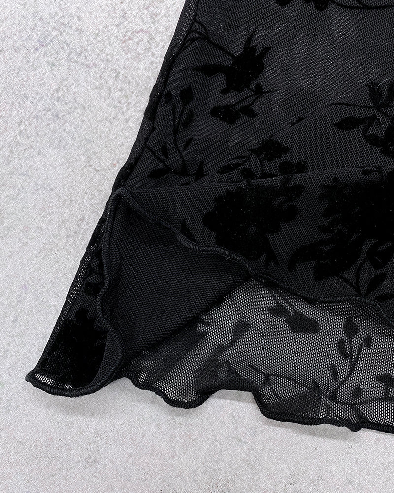 Floral Print Flocking Mock Neck Long Sleeve T Shirt Casual Sheer Mesh Slim Fit Blouse Top