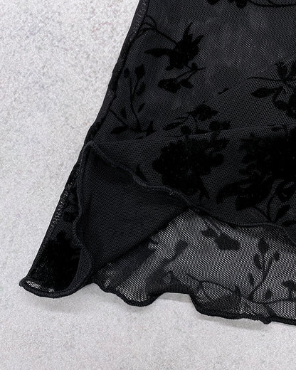 Floral Print Flocking Mock Neck Long Sleeve T Shirt Casual Sheer Mesh Slim Fit Blouse Top