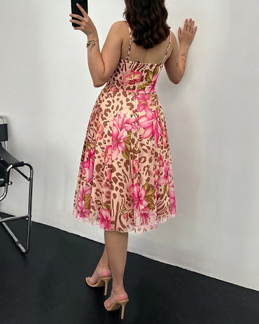 Women's Leopard Floral Mesh Midi Dress Sexy Cowl Neck Cami Dress High Waisted Ruched Backless A Line Sundress