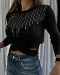 Women's Rhinestone Ribbed Knit Top Crisscross Cutout Waist Crop Tee Long Sleeve Slim Fit Layering Top