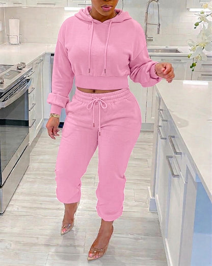 Women's 2 Piece Sweatsuit Set Cropped Drawstring Hoodie and High Waisted Jogger Sweatpants with Pockets