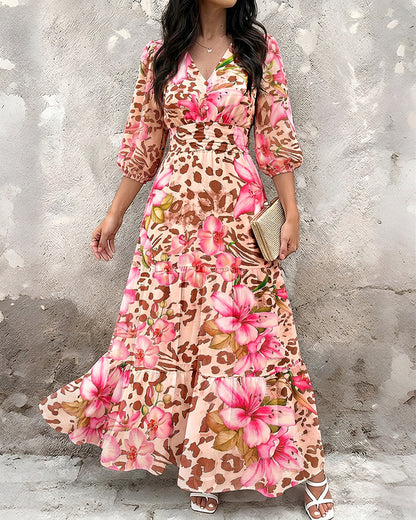 Women's Leopard Floral Print Dress V Neck Three Quarters Sleeve Ruffle Hem Dress Shirred Back A-Line Maxi Vacation Dress