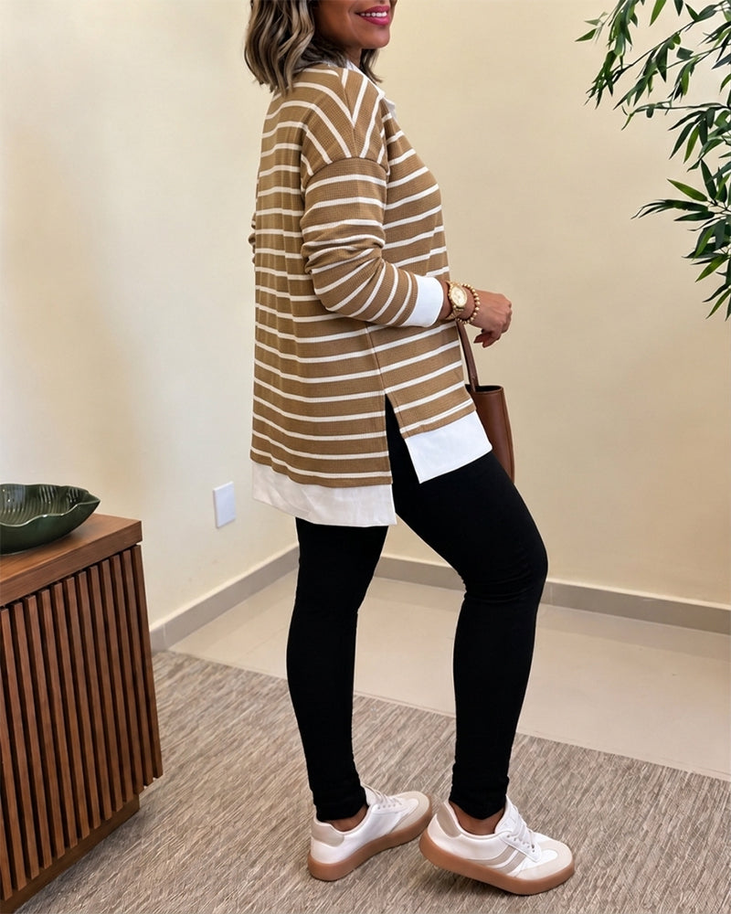 Women's Striped Waffle Knit Henley Collar Loose Long Sleeve Side Slit Top
