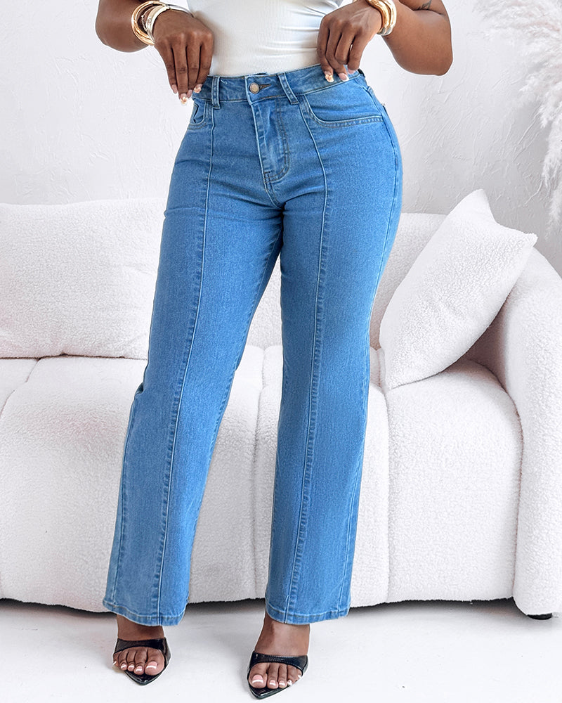 Seam Front High Wait Straight Leg Denim Pants Casual Zipper Fly Jeans