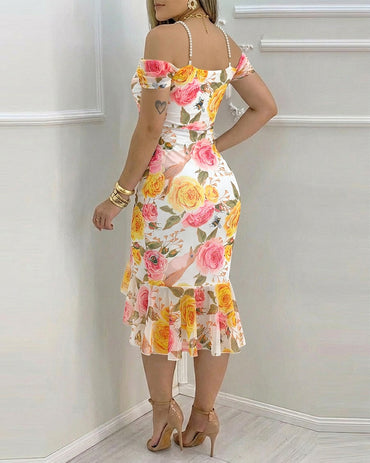 CHICME Women's Watercolor Rose Print Mesh Asymmetrical Hem Dress Pearl Beaded Stretchy Straps Cowl Neck Ruched Side Slit Bodycon Dress