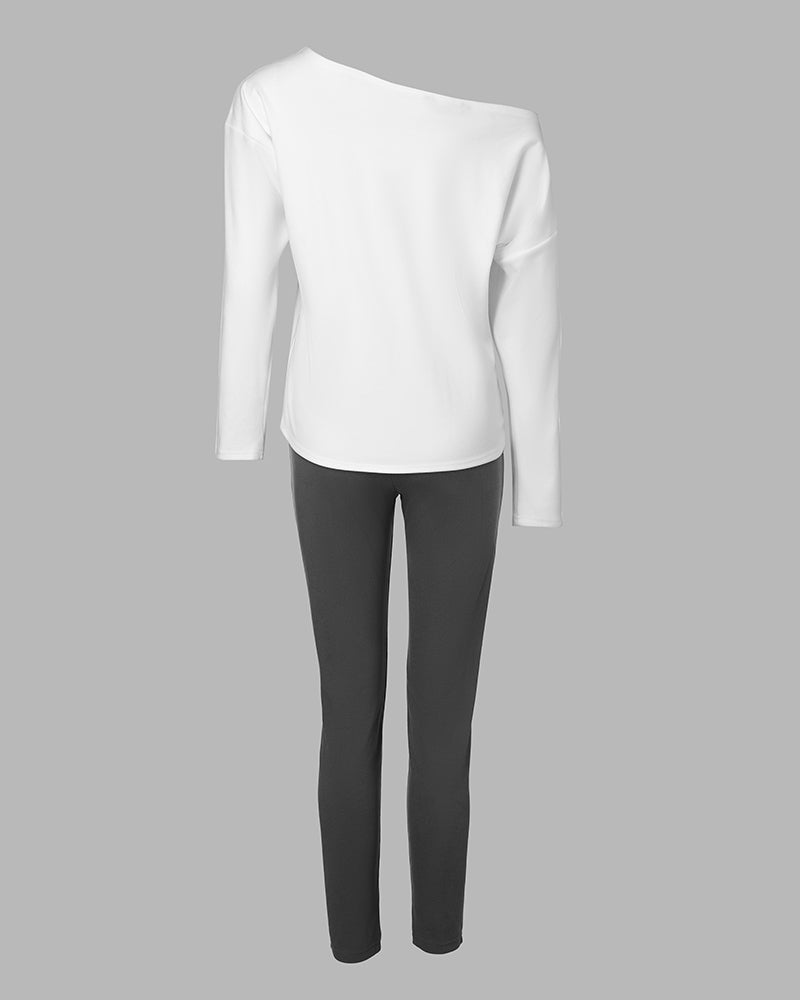 2 Pieces Outfit Nope. Not Today Slogan Print Skew Neck Long Sleeve Pullover Top And Casual Drawstring Stretchy Waist Slim Fit Pants Set