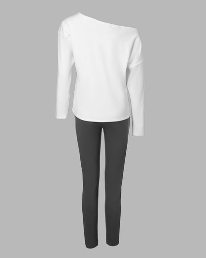 2 Pieces Outfit Nope. Not Today Slogan Print Skew Neck Long Sleeve Pullover Top And Casual Drawstring Stretchy Waist Slim Fit Pants Set