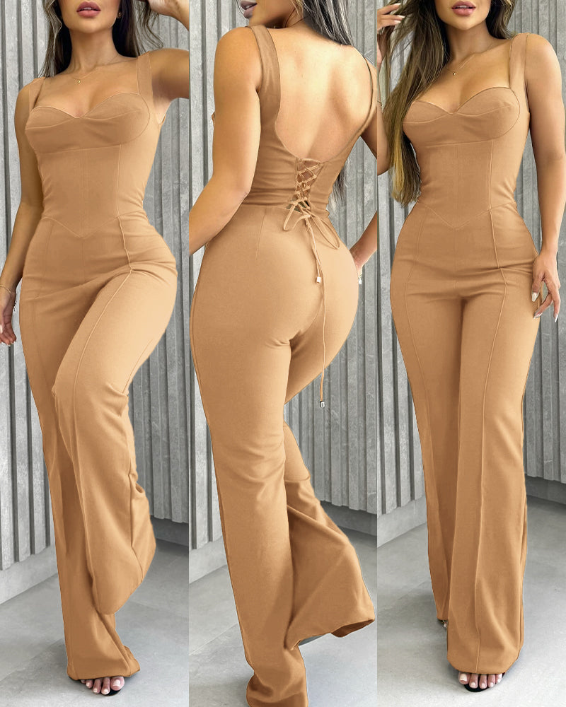 Sweatheart Neck Thick Strap Backless Lace-up Back Overalls Casual Seam Front Wide Leg Jumpsuit