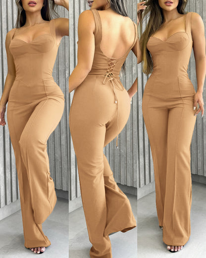 Sweatheart Neck Thick Strap Backless Lace-up Back Overalls Casual Seam Front Wide Leg Jumpsuit