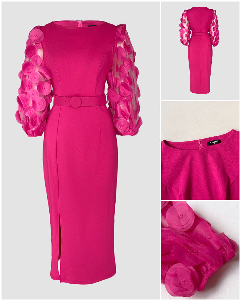 3D Polka Dot Appliques Mesh Lantern Sleeve Zipper Back Slit Work Dress Cinched Waist Slim Fit Mid Length Dress With Belt