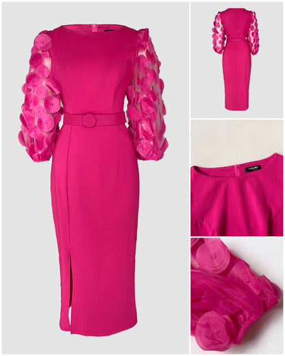 3D Polka Dot Appliques Mesh Lantern Sleeve Zipper Back Slit Work Dress Cinched Waist Slim Fit Mid Length Dress With Belt