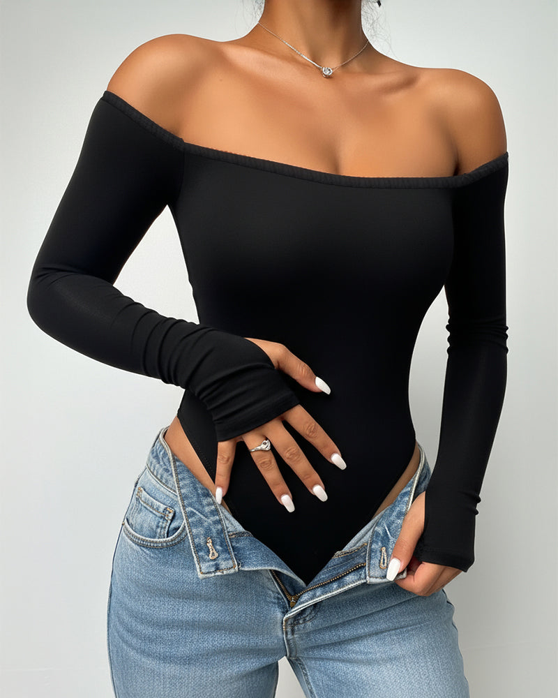 Off Shoulder Long Sleeve Slim Fit Versatile Bodysuit with Thumb Hole Cuffs