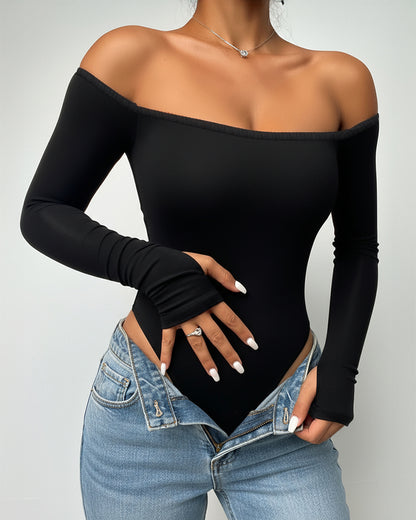 Off Shoulder Long Sleeve Slim Fit Versatile Bodysuit with Thumb Hole Cuffs