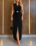Women's V-Neck Sleeveless Ruched Front Slit Maxi Evening Dress