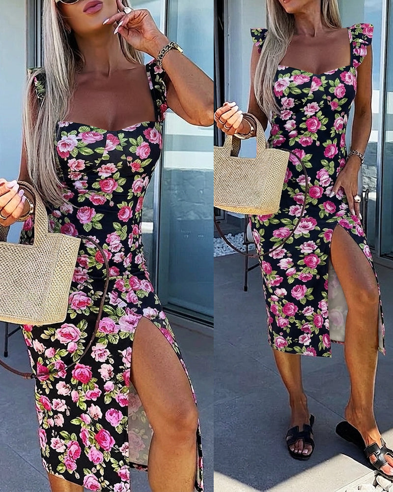 Women's Floral Midi Dress Sweetheart Neck Flutter Sleeve Side Slit Sundress Backless Vacation Dress with Built-In Bra 3 Women's Floral Midi Dress Sweetheart Neck Flutter Sleeve Side Slit Sundress Backless Vacation Dress with Built-In Bra - Image 3
