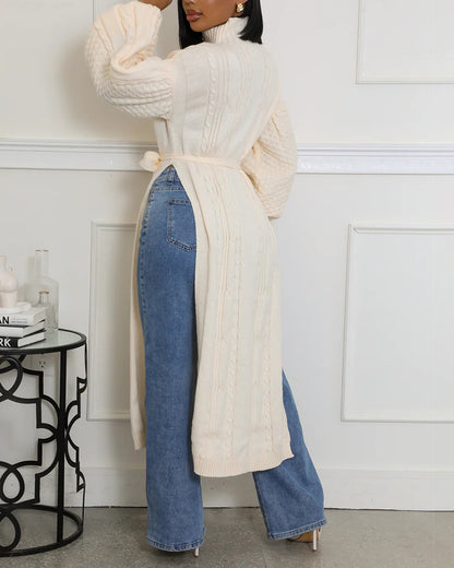 Cable Textured High Neck Lantern Sleeve Bow Tie Waist Sweater Casual High Slit Knit Longline Top