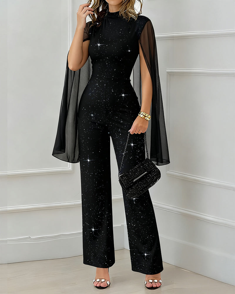 Glitter Mock Neck Sheer Chiffon Cloak Sleeve Overalls Casual Zipper Back Jumpsuit