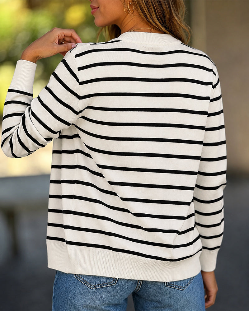 Women's Striped Knit Cardigan Casual Crewneck Button Down Sweater Vintage French Style Long Sleeve Top