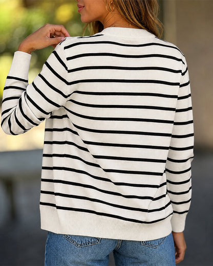 Women's Striped Knit Cardigan Casual Crewneck Button Down Sweater Vintage French Style Long Sleeve Top