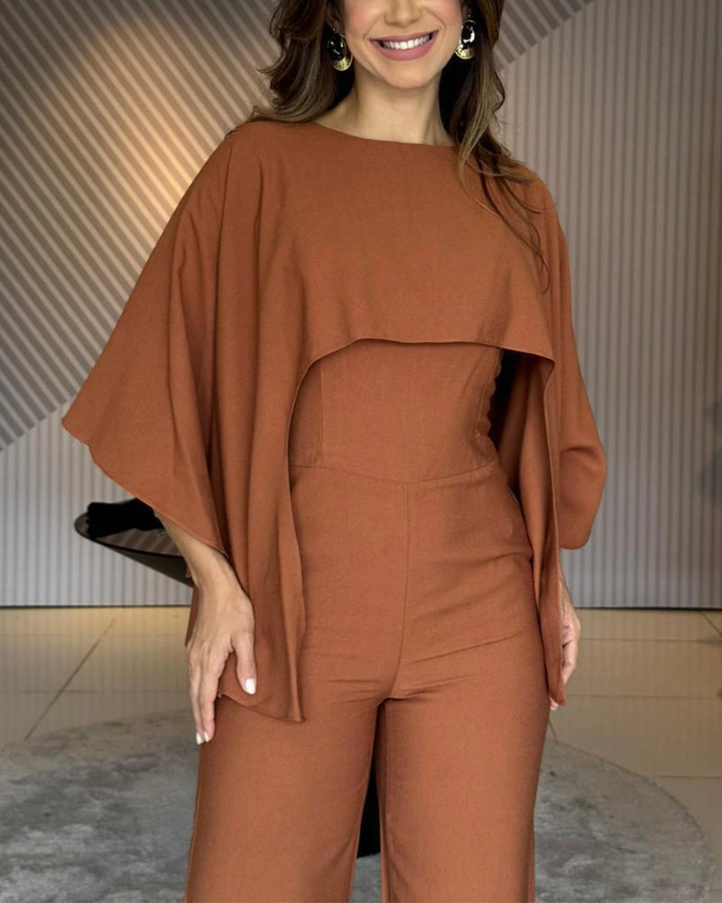 Women's Cape Jumpsuit High Waist Straight Leg Overalls Elegant Evening Jumpsuit with Pockets
