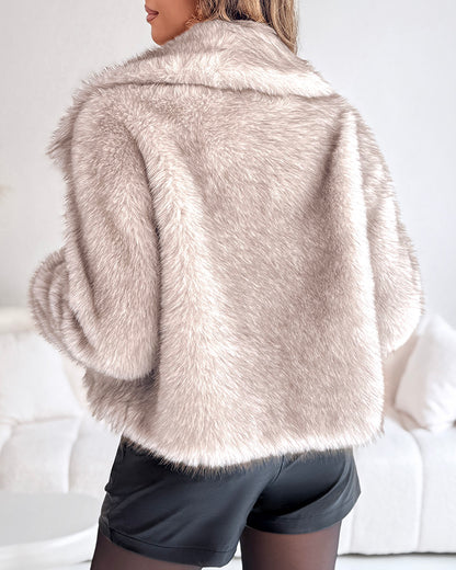 Turn-down Collar Long Sleeve Faux Fur Coat Jacket Casual Warm Fluffy Cropped Coat