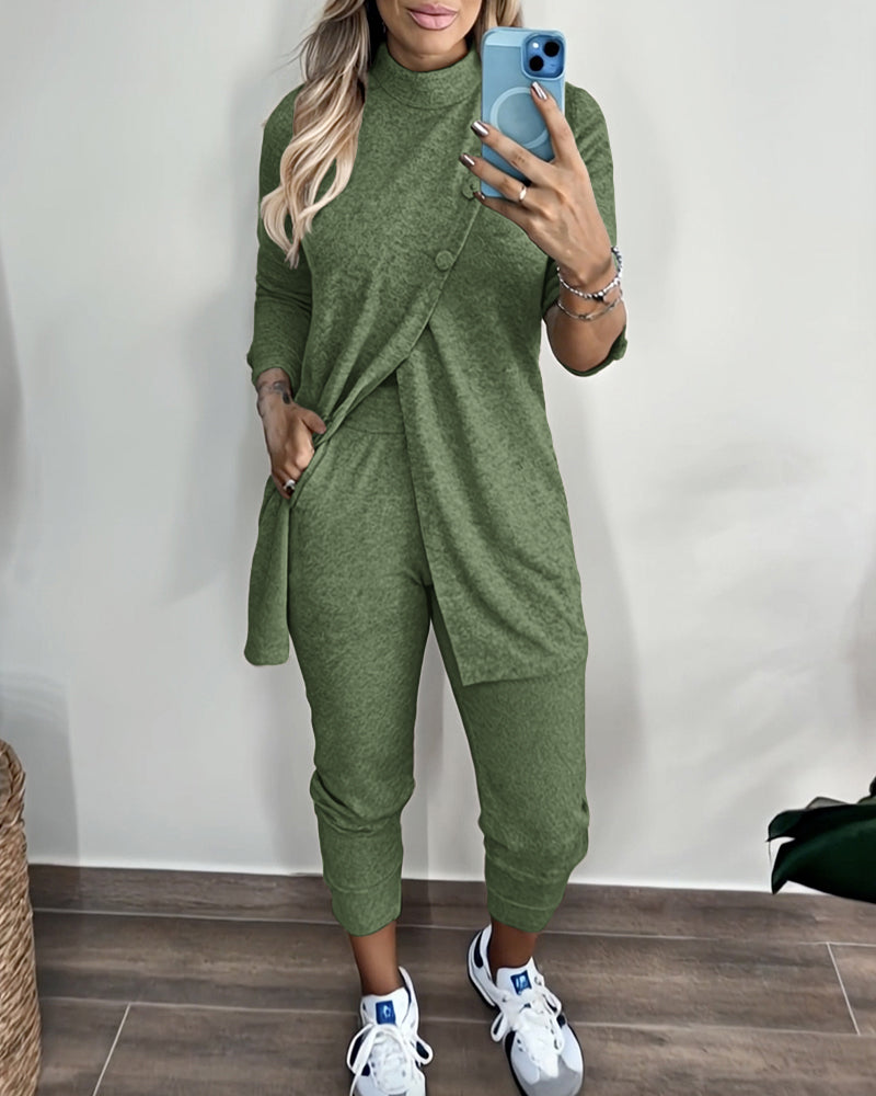 2 Pieces Outfit Mock Neck Long Sleeve Button Decor Slit Mid-Length Top and Stretchy Drawstring High Waist Slim Fit Pants Set