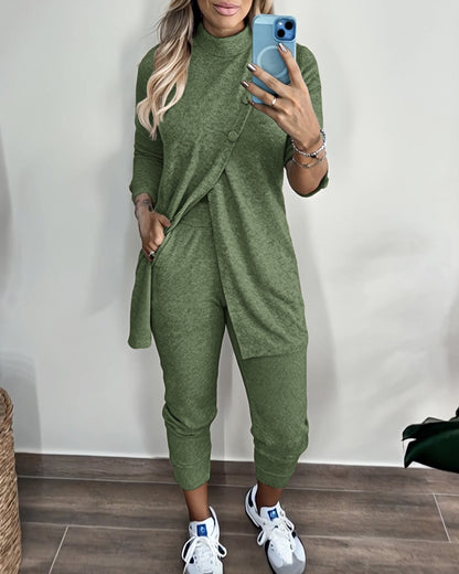 2 Pieces Outfit Mock Neck Long Sleeve Button Decor Slit Mid-Length Top and Stretchy Drawstring High Waist Slim Fit Pants Set