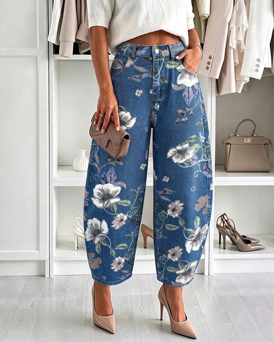Women's Vintage Floral Printed Baggy Denim Pants Casual High Waisted Cropped Barrel Jeans