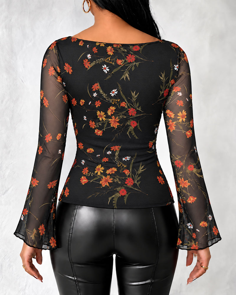 Women's Vintage Floral Mesh Cowl Neck Ruched Side Flare Long Sleeve Top
