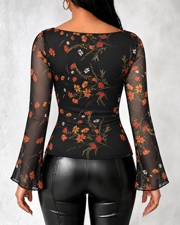Women's Vintage Floral Mesh Cowl Neck Ruched Side Flare Long Sleeve Top
