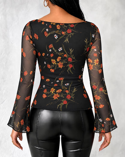 Women's Vintage Floral Mesh Cowl Neck Ruched Side Flare Long Sleeve Top