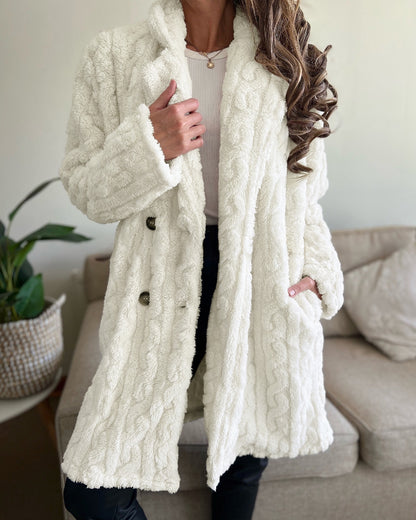 Cable Textured Lapel Neck Button Front Pocket Design Thermal Teddy Coat