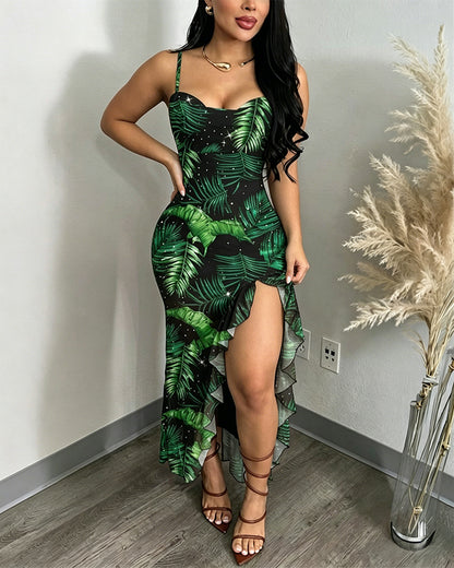 Women's Tropical Plants Cami Midi Dress Casual Rhinestone Mesh Vacation Dress Slit Ruffle Hem Sundress
