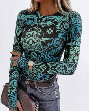 Women's Vintage Print Long Sleeve Top Slim Fit Crewneck Tee Retro Stretchy Base Layer Shirt with Thumb Holes