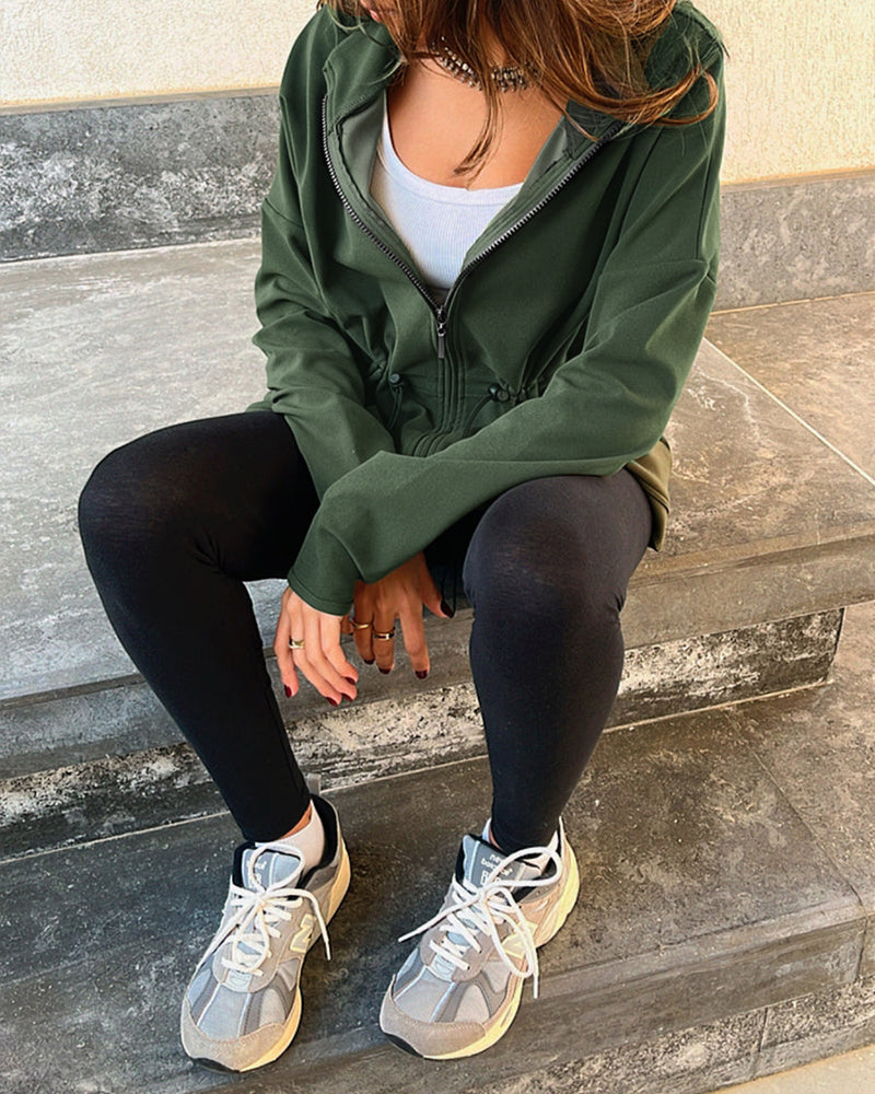 Long Sleeve Waist Drawstring Hooded Coat Casual Loose Fit Cardigan Jacket with Pockets