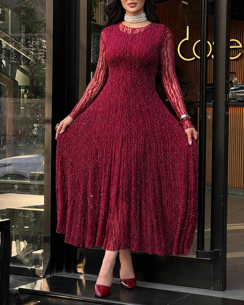 Women's Rhinestone Lace Long Sleeve Maxi Dress Crew Neck Textured A-Line Evening Gown