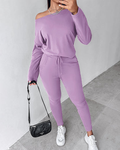 2 Pieces Outfit Long Sleeve Skew Neck Pullover Top And Drawstring Elastic Waist Slim Fit Pants Set