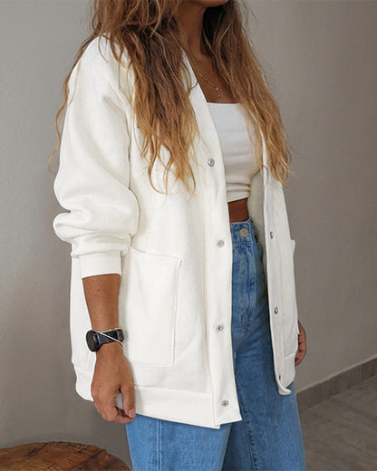 Women's Casual Loose Cardigan V Neck Snap Button Down Jacket Drop Shoulder Coat with Pockets
