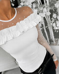 Women's Pearls Sheer Mesh Spliced Long Sleeve Ruffle Slim Fit Top