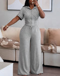 Women's Rhinestone Sweatshirt Set Short Sleeve Hooded Two-Way Zipper Front Crop Top and Wide Leg Sweatpants Set