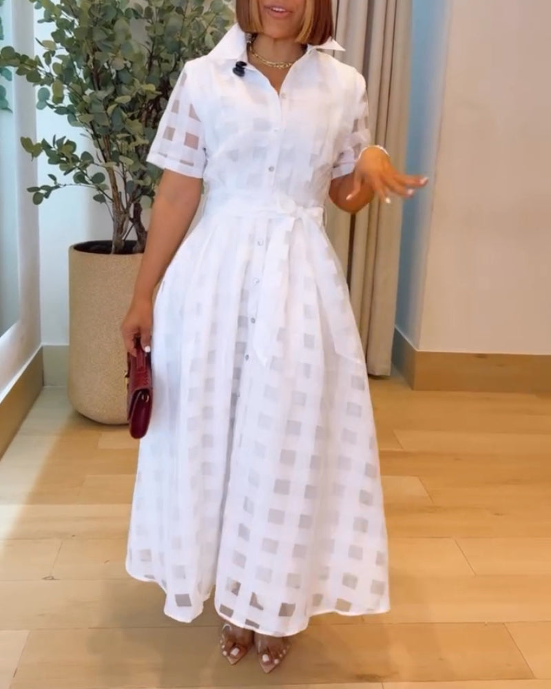 Turn Down Collar Plaid Mesh Double Layered Cinched Waist Maxi Dress Button Down Bow Tie Waist Commuting Dress