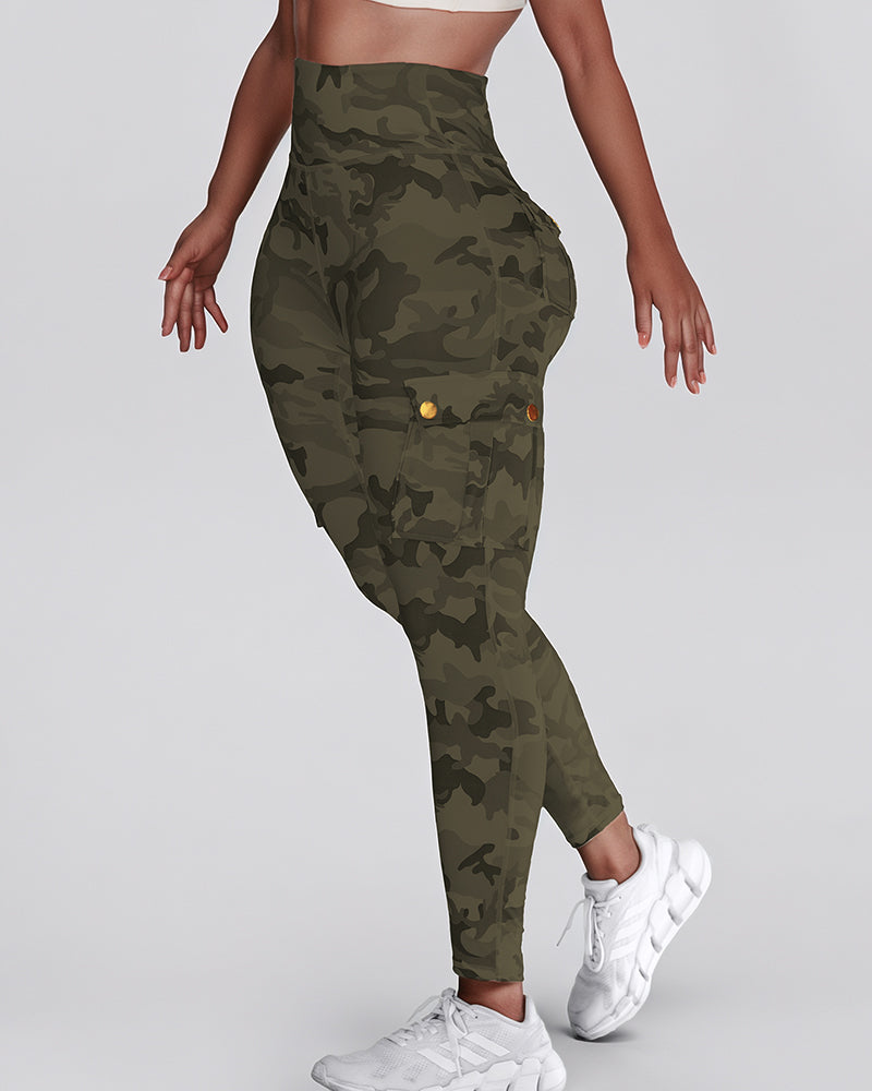Camouflage Print High Waist Skinny Leggings with Cargo Flap Pockets Casual Pants