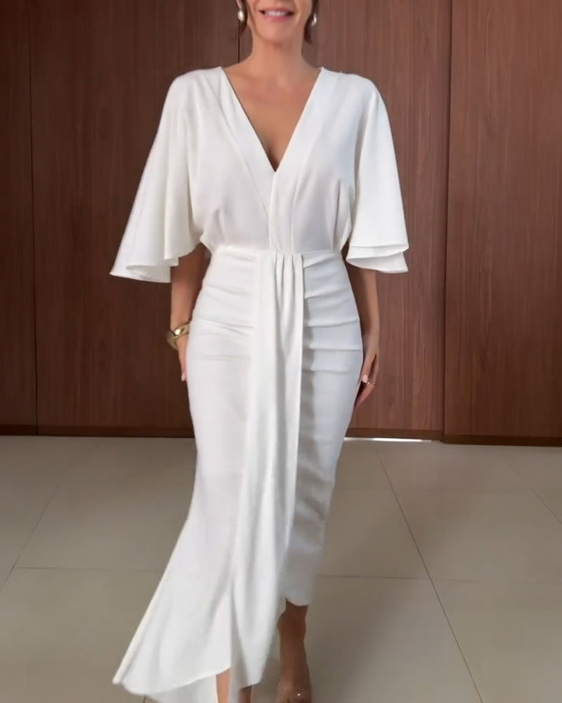 V-Neck Butterfly Sleeve Hollow-out Back Draped Mermaid Hem Dress Elegant Ruched Zipper Back Asymmetrical Hem Evening Dress