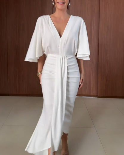 V-Neck Butterfly Sleeve Hollow-out Back Draped Mermaid Hem Dress Elegant Ruched Zipper Back Asymmetrical Hem Evening Dress