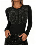 Women's Crewneck Rhinestone Ribbed Knit Top Slim Fit Long Sleeve Top