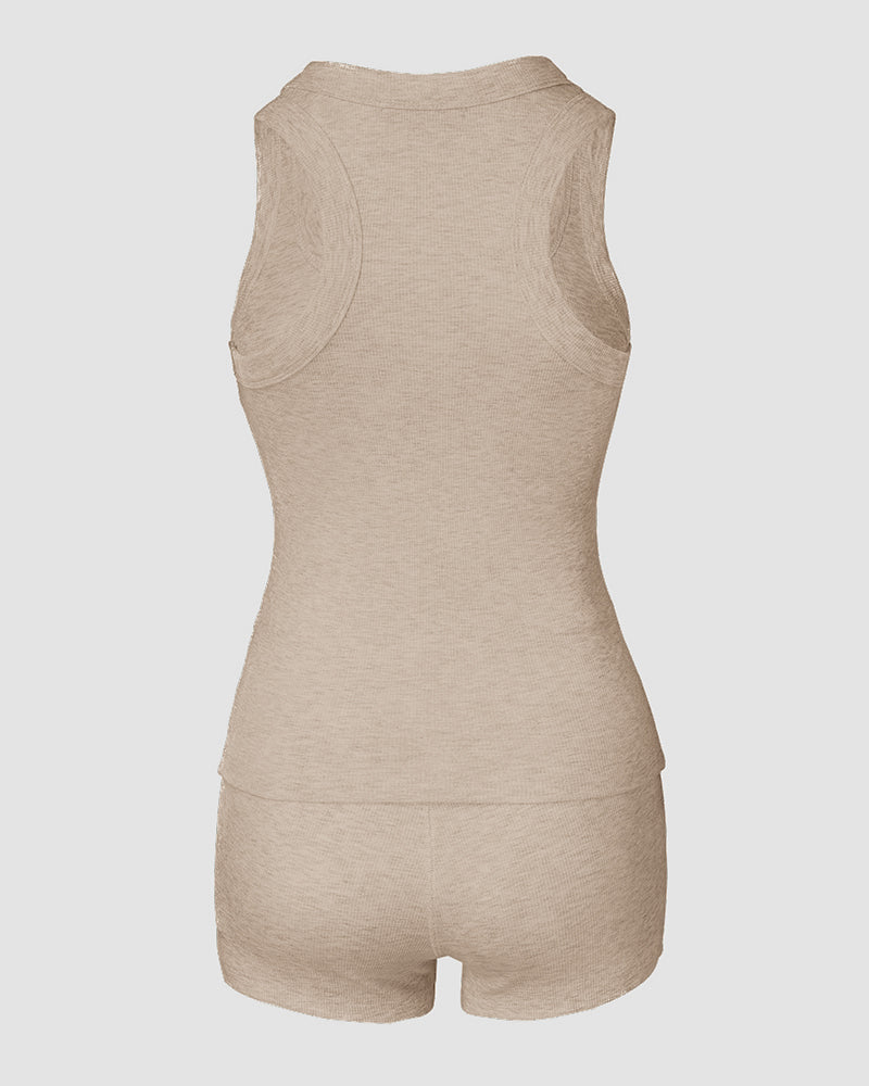 2PCS Micro-Ribbed U-Neck Tank Top & Boxer Set Cozy Loungewear