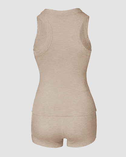 2PCS Micro-Ribbed U-Neck Tank Top & Boxer Set Cozy Loungewear