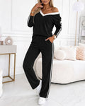 Women's 2 Piece Outfits V Neck Long Sleeve Top and Straight Leg Pants Set Side Stripe Tracksuit Casual Lounge Suits