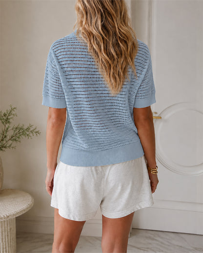Women's Half Zip Polo Knit Top Short Sleeve Hollow-out Sweater
