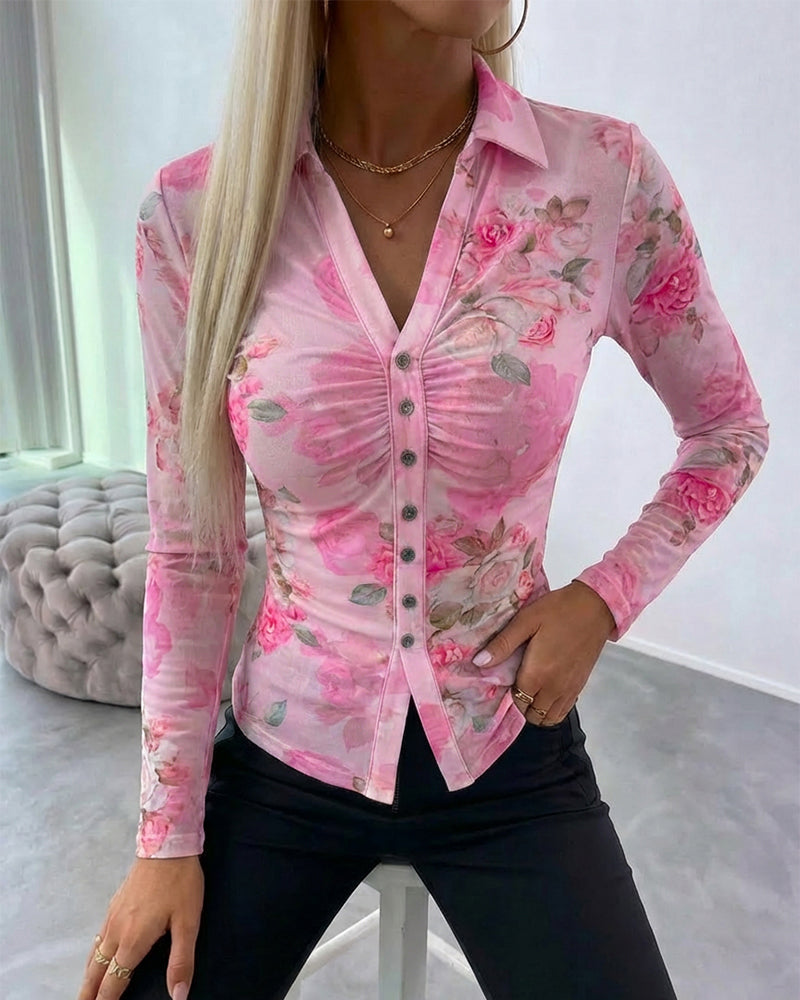 Floral Print Turn-down Collar V-Neck Button Front Shirt Slim Fit Long Sleeve Ruched Sheer Mesh Top with Lining